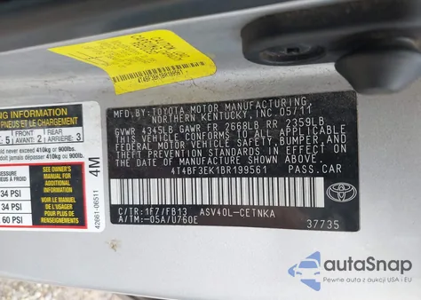 2011 Toyota Camry Le из США, поврежденный, VIN 4T4BF3EK1BR199561